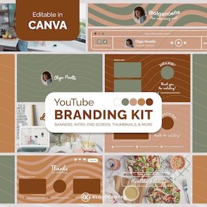 YouTube Branding Kit Brown, Brand Kit for Content Creator, YouTube Banner, Intro Outro, Video Thumbnails, Editable in Canva, Cottagecore