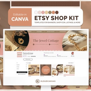 Kit negozio Etsy, modello banner Esty, mockup elenco negozi, kit branding iniziale venditore, negozio di articoli da regalo orecchini gioielli rosati, modificabile in Canva