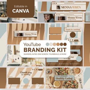 YouTube Branding Kit Brown, Brand Kit for Content Creator, YouTube Banner, Intro Outro, Video Thumbnails, Editable in Canva, Champagne Wave
