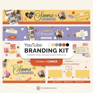 YouTube Branding Kit for Content Creator, DIY Banner Template, Animated Intro Outro End Screen, Editable in Canva, Retro Collage Scrapbook