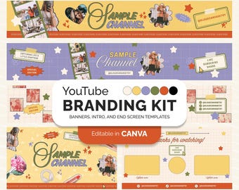 YouTube Branding Kit für den Inhalt Ersteller, DIY Banner Vorlage, animierter Intro Outro End Bildschirm, bearbeitbar in Canva, Retro Collage Scrapbook