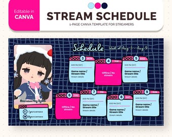 Modelo personalizável de agendamento de transmissão, criador de conteúdo e streamer de jogos do Twitch, Vtuber, streaming de arte de rabiscos fofos de jogadores, edição DIY no Canva