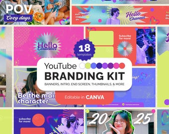 Könnte beinhalten: Ein Set mit 18 farbenfrohen YouTube-Branding-Vorlagen, die eine Vielzahl von Designs mit Text wie "Hello Channel", "POV Cozy Days", "Be the main character" und "Plan for success" bieten. Die Vorlagen sind in Canva bearbeitbar.