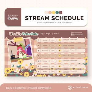 Stream Schedule Customizable Template, Content Creator & Twitch Gaming Streamer, Vtuber, Cute Gamer Cottagecore Streaming, DIY Edit in Canva