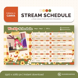 Stream Schedule Customizable Template, Content Creator & Twitch Gaming Streamer, Vtuber, Cute Gamer Cottagecore Flowers, DIY Edit in Canva