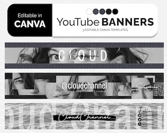May include: Three black and white YouTube banner templates with the text "Cloud Channel" and "@cloudchannel". The banners feature a person's face and a wave pattern.