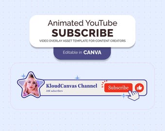Animerad prenumerationsknapp för YouTube, anpassningsbar mall för gilla- och prenumeration på YouTube-kanalen, sökresultat för blå videoöverlägg, redigerbar i Canva