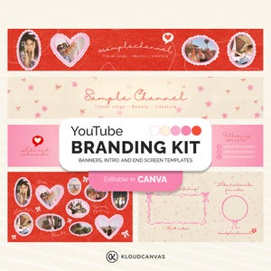 Può includere: Un kit di branding per canali YouTube con uno schema di colori rosa e rosso. Il kit include banner, modelli di introduzione e di schermata finale. Il testo "YouTube Branding Kit" è in una casella bianca con un bordo rosa e rosso. Il testo "Editable in Canva" è in una casella bianca con un bordo rosa. Il testo "@samplechannel" è in una casella rosa con un bordo bianco. Il testo "Travel vlogs - Beauty - Lifestyle" è in una casella bianca con un bordo rosa. Il testo "Like and subscribe" è in una casella bianca con un bordo rosa. Il testo "Following socials" è in una casella bianca con un bordo rosa. Il testo "@samplechannel" è in una casella bianca con un bordo rosa. Il testo "Like and subscribe for more" è in una casella bianca con un bordo rosa. Il testo "Next video" è in una casella bianca con un bordo rosa. Il testo "@samplechannel" è in una casella bianca con un bordo rosa.