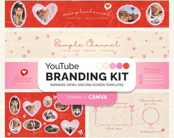 May include: A branding kit for YouTube channels with a pink and red color scheme. The kit includes banners, intro and end screen templates. The text "YouTube Branding Kit" is in a white box with a pink and red border. The text "Editable in Canva" is in a white box with a pink border. The text "@samplechannel" is in a pink box with a white border. The text "Travel vlogs - Beauty - Lifestyle" is in a white box with a pink border. The text "Like and subscribe" is in a white box with a pink border. The text "Following socials" is in a white box with a pink border. The text "@samplechannel" is in a white box with a pink border. The text "Like and subscribe for more" is in a white box with a pink border. The text "Next video" is in a white box with a pink border. The text "@samplechannel" is in a white box with a pink border.
