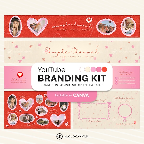YouTube Branding Kit for Content Creator, DIY Banner Template, Animated Intro Outro End Screen, Editable in Canva, Soft Dainty Pink Coquette