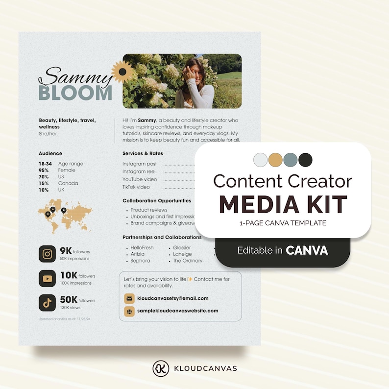 1-page Influencer Media Kit Template for UGC Content Creator, Social ...