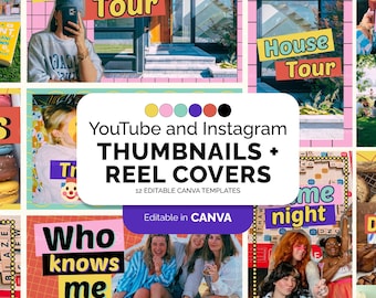 Könnte beinhalten: Eine Collage aus 12 bunten Vorlagen für YouTube- und Instagram-Thumbnails und Reel-Cover. Die Vorlagen zeigen verschiedene Bilder und Texte, darunter "Haus Tour", "Wer kennt mich besser?" und "Spielabend". Der Text "In Canva bearbeitbar" ist ebenfalls enthalten.