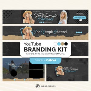 YouTube Branding Kit for Content Creator, DIY Banner Template, Animated Intro Outro End Screen, Editable in Canva, Blue Black Modern Minimal