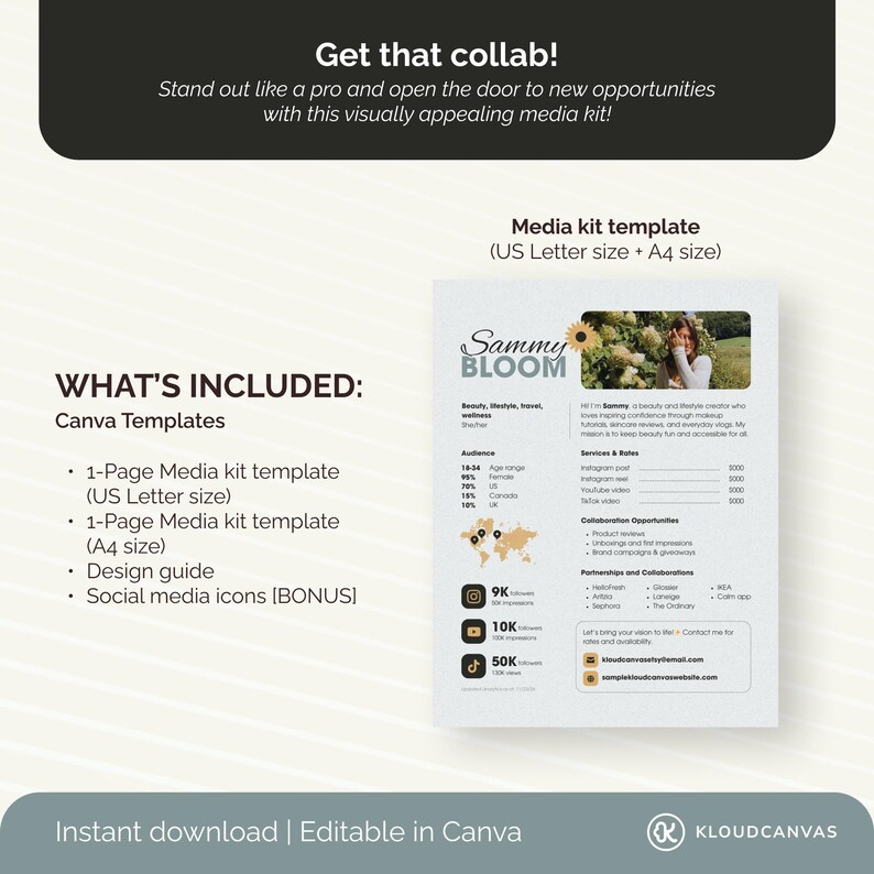 1-page Influencer Media Kit Template for UGC Content Creator, Social ...