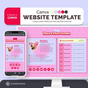 Canva Website Template, Content Creator & Twitch Gaming Streamer, 1-page Cute Web, Customizable Stream Schedule, Link in bio, Edit in Canva