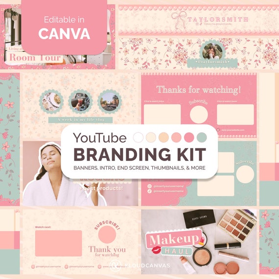 YouTube Branding Kit Soft Pink Coquette, Brand Kit for Content Creator, YouTube Banner, Intro Outro Video Thumbnails, Editable in Canva
