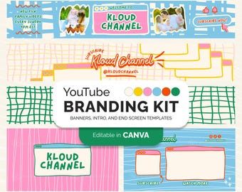YouTube Branding Kit für Content Ersteller, Bunte Banner Vorlage, Animierter Intro Outro End Bildschirm, Bearbeitbar in Canva, Niedlicher Kinderkanal