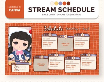 Modelo personalizável de agendamento de transmissão, criador de conteúdo e streamer de jogos do Twitch, Vtuber, streaming de arte de rabiscos fofos de jogadores, edição DIY no Canva