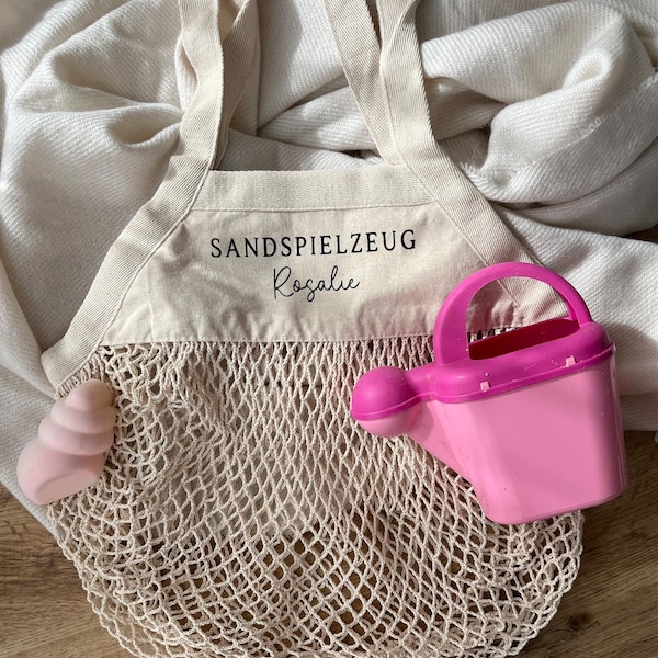 Sandspielzeugtasche mit Name personalisiert, für Sandspielzeug oder Strandspielzeug, Netztasche Accessoires für Kinder, Sommer Essentials