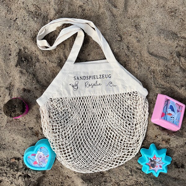 Sandspielzeugtasche mit Name personalisiert, für Sandspielzeug oder Strandspielzeug, Netztasche Accessoires für Kinder, Sommer Essentials