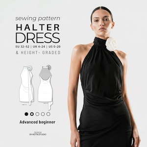 May include: A woman wearing a black halter dress with a white flower accent. The image includes a sewing pattern for a halter dress, with sizing information and the text "Advanced beginner".
