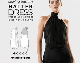 Open Back Halter Dress Sewing Pattern, Bias Cut Mini Evening Dress (PDF Download)