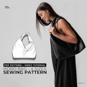 Könnte beinhalten: Eine schwarze Hobo-Tasche mit strukturierter Oberfläche und geknotetem Schulterriemen. Das Bild enthält eine technische Strichzeichnung der Tasche und den Text: PDF PATTERN + VIDEO TUTORIAL HOBO BAG - 4 SIZES SEWING PATTERN, kstn. studio, MIDI+SIZE.
