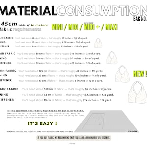 May include: A white informational graphic with the text "MATERIAL CONSUMPTION" and fabric requirements for bag patterns. Measurements are provided in centimeters and inches for main fabric, lining, and stiffener, with a "NEW" label.