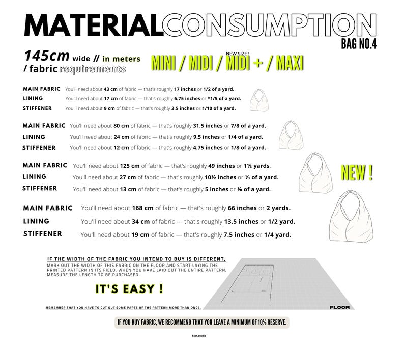 May include: A white informational graphic with the text "MATERIAL CONSUMPTION" and fabric requirements for bag patterns. Measurements are provided in centimeters and inches for main fabric, lining, and stiffener, with a "NEW" label.