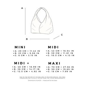 May include: A diagram of a tote bag with dimensions for four sizes: Mini, Midi, Midi+, and Maxi. The Mini bag is 11.42 inches tall, 9.06 inches wide, and 3.15 inches deep. The Maxi bag is 27.56 inches tall, 19.69 inches wide, and 7.09 inches deep.