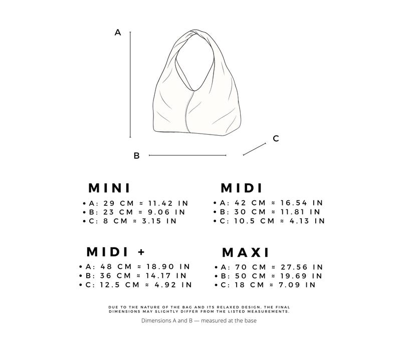 May include: A diagram of a tote bag with dimensions for four sizes: Mini, Midi, Midi+, and Maxi. The Mini bag is 11.42 inches tall, 9.06 inches wide, and 3.15 inches deep. The Maxi bag is 27.56 inches tall, 19.69 inches wide, and 7.09 inches deep.