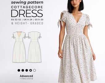 Cottagecore Midi Dress Sewing Pattern | Button Front V-Neck Summer Dress (PDF Download)