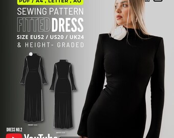 Fitted Maxi Dress Sewing Pattern: Flared Sleeves, Shoulder Pads (Digital PDF)