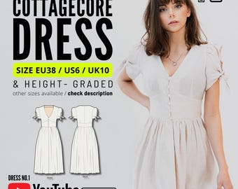 Linen V Neck Summer Dress Sewing Pattern: Cottagecore Style (PDF Pattern)