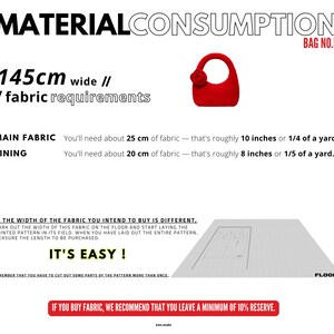 May include: Image detailing fabric requirements for Bag No. 5. The text indicates 145cm wide fabric is needed. Main fabric needs about 10 inches, and lining needs about 8 inches. The image also says "It's Easy!" and recommends a 10% reserve.