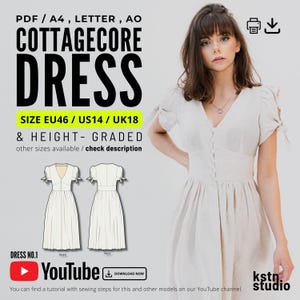 Linen Cottagecore Dress Sewing Pattern with Video Tutorial (Size EU46 US14 UK18) (PDF Pattern)