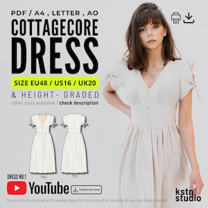 Linen Cottagecore Dress Sewing Pattern with Video Tutorial (EU48/US16/UK20) (PDF Pattern)