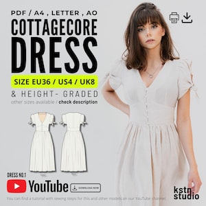 Linen V-Neck Cottagecore Dress Sewing Pattern with Video (PDF Pattern)