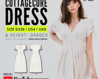 Linen V-Neck Cottagecore Dress Sewing Pattern with Video (PDF Pattern)