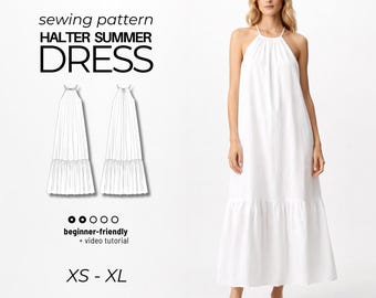 Halter Maxi Dress Sewing Pattern PDF | Easy Beginner Sundress | Summer Style XS-XL +  Video Tutorial