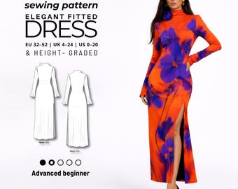 Bodycon Maxi Dress Sewing Pattern | Long Sleeve Knit, High Neck Slit (Digital Download)