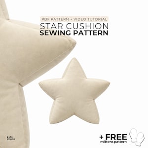 May include: A beige star-shaped cushion sewing pattern featuring a PDF pattern and video tutorial. The text reads PDF PATTERN + VIDEO TUTORIAL STAR CUSHION SEWING PATTERN and + FREE mittens pattern with a small graphic of two mittens.