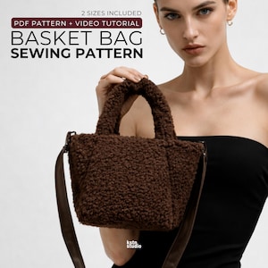 May include: A brown, textured basket bag with a shoulder strap. The bag has a rectangular shape and a short handle. The image includes text that reads "PDF PATTERN + VIDEO TUTORIAL" and "BASKET BAG SEWING PATTERN".