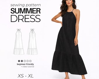 Halter Dress PDF Sewing Pattern | Sizes XS - XL | Summer Maxi Dress + Video Tutorial