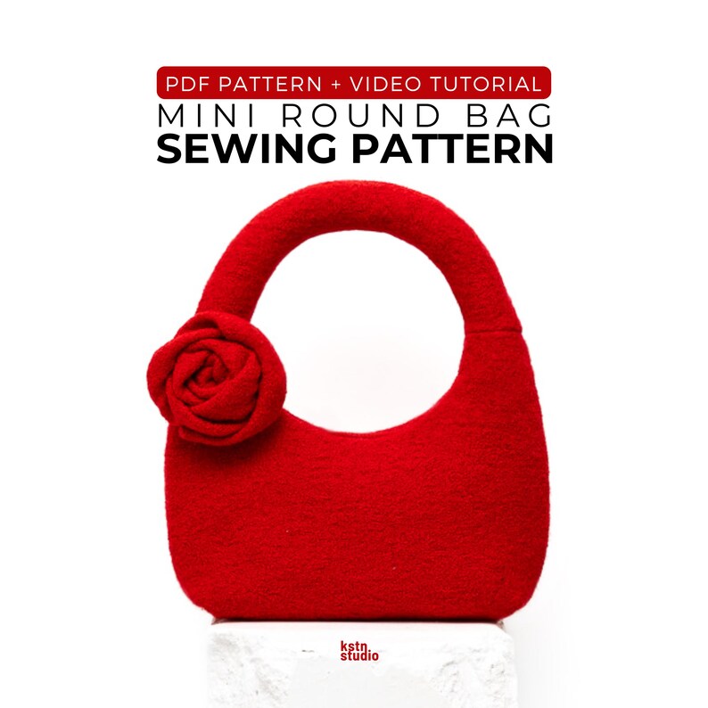 May include: A bright red mini round bag with a rose detail, set against a white background. The bag has a curved handle and a floral embellishment. Text at the top reads "PDF PATTERN + VIDEO TUTORIAL MINI ROUND BAG SEWING PATTERN."
