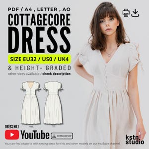 Linen V-Neck Summer Dress Sewing Pattern: Cottagecore Vintage Style (PDF Pattern)