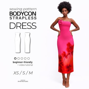 ストラップレスボディコンドレスの型紙：ミニ/ミディ/マキシ丈（PDF型紙）