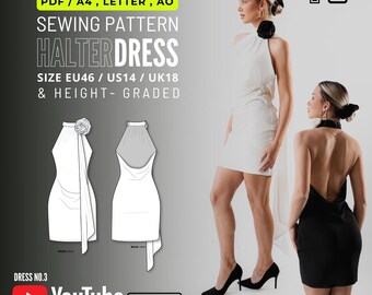 Halter Dress PDF Sewing Pattern: Backless Bias Cut Mini Dress (Digital Download)
