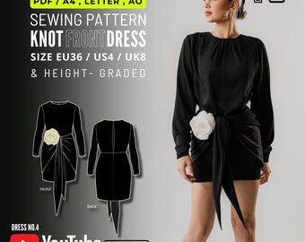 Elegant Open Back Tie Front Dress Graduation Dress PDF Sewing Pattern - Easy Tutorial for Beginners SIZE EU36 | US4 | UK8