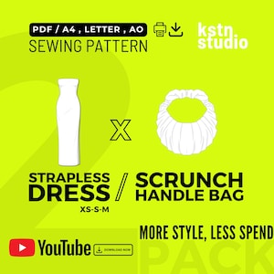 Strapless Dress & Scrunch Bag Sewing Pattern Bundle (XS-M) (PDF Download)